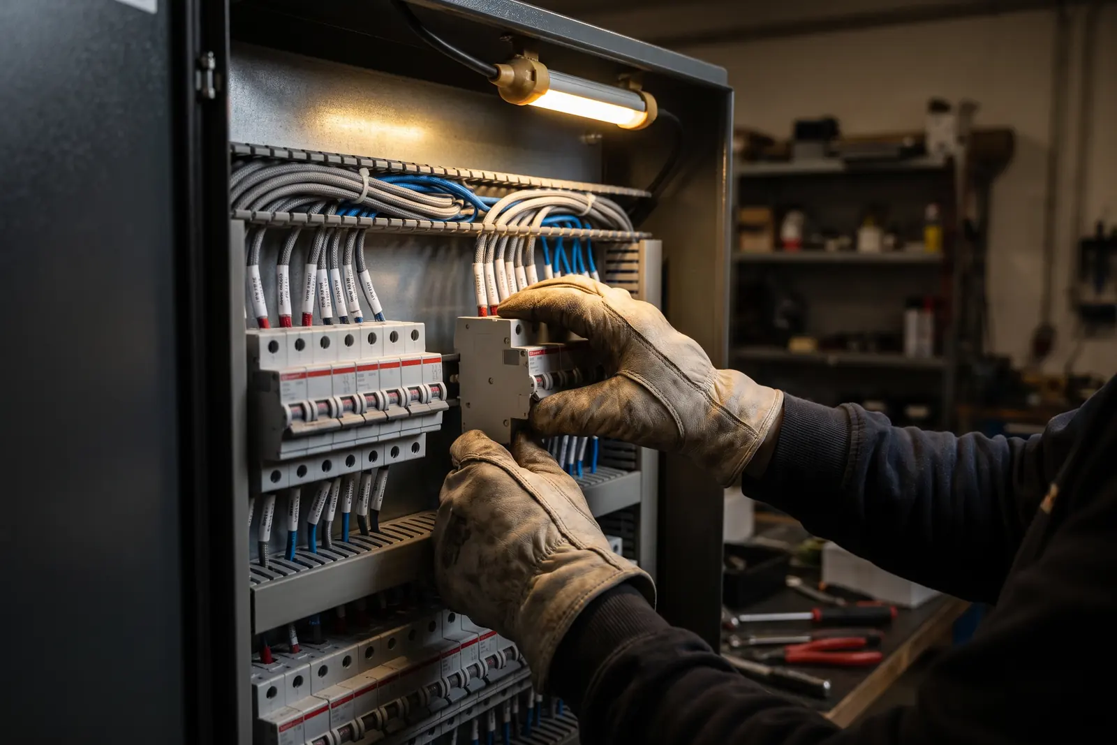 Elektriker setzt einen Leitungsschutzschalter in einen neuen Verteiler
